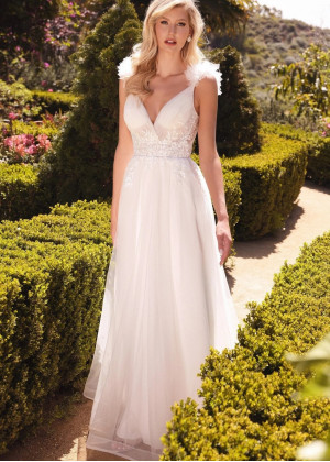 Ivory Lace Tulle Deep V Back Chic Wedding Dress